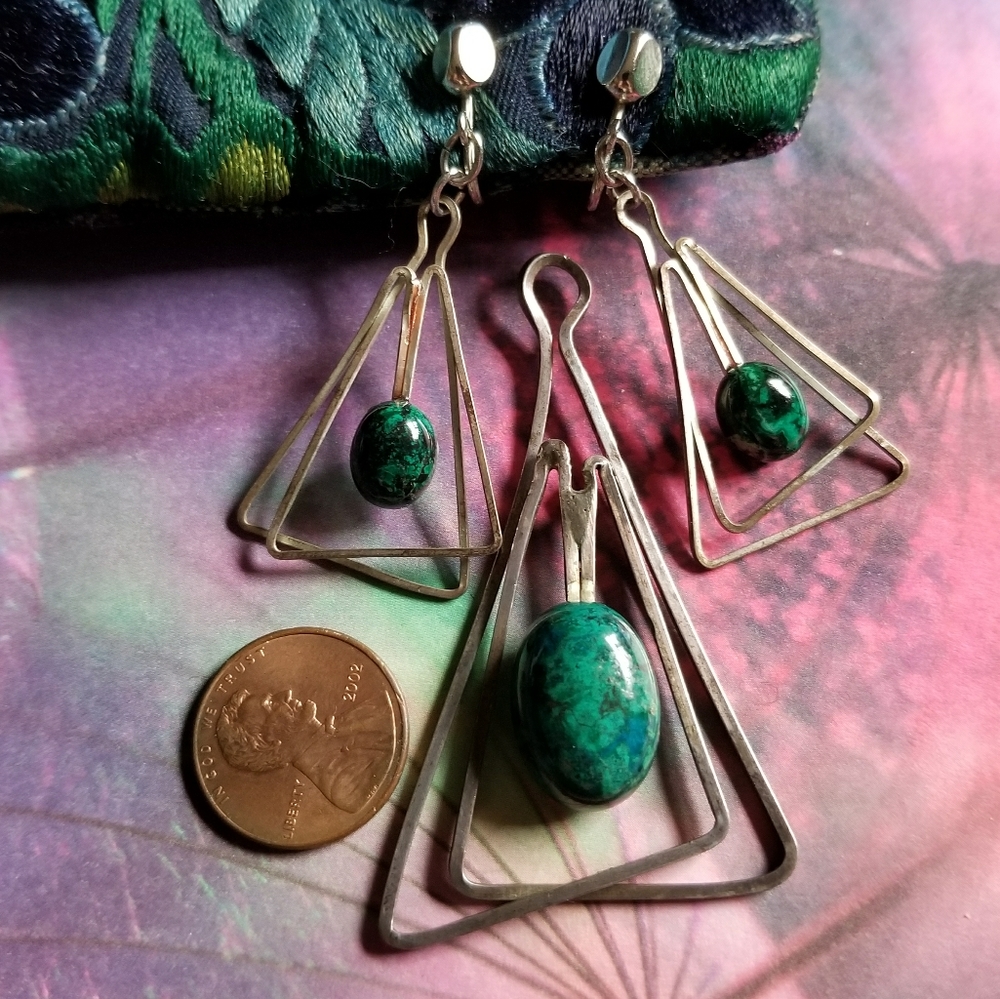 Vintage Chrysoccola set earrings pendant silver tone gemstone green - Picture 3 of 8